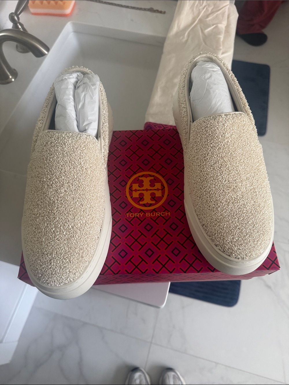 Tory Burch Cream Textured Slip-On Mules